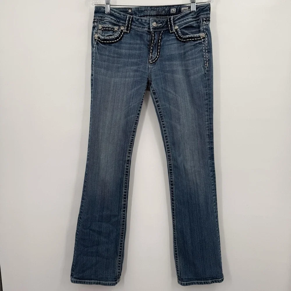 Miss Me Jeans Womens 31 Blue Bootcut Embroidered Distressed Stretch Mid‎ Rise